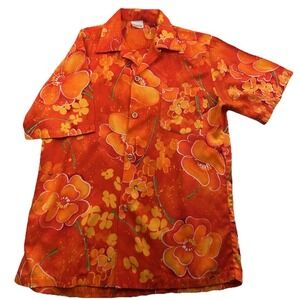 Vintage Ti'a Hawaiian Camp Shirt Orange Floral Disco Button Up Short Sleeve